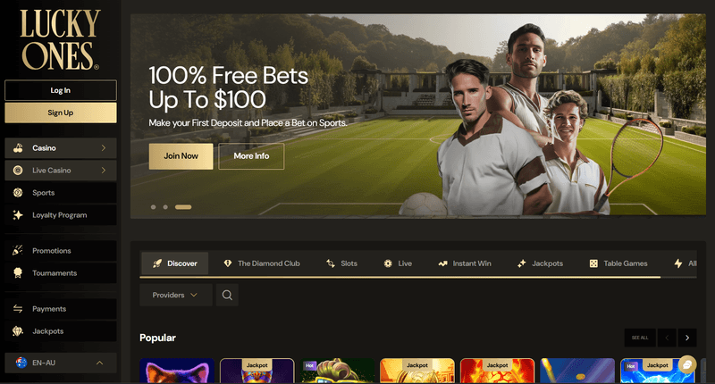 Lucky Ones Casino homepage and games selection